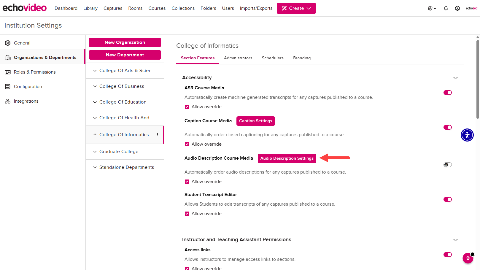 Settings expanded and Institutional Settings selected with Organization and Departments, College Of Informatics, Section Features, and Audio Description Course Media Settings identified as described