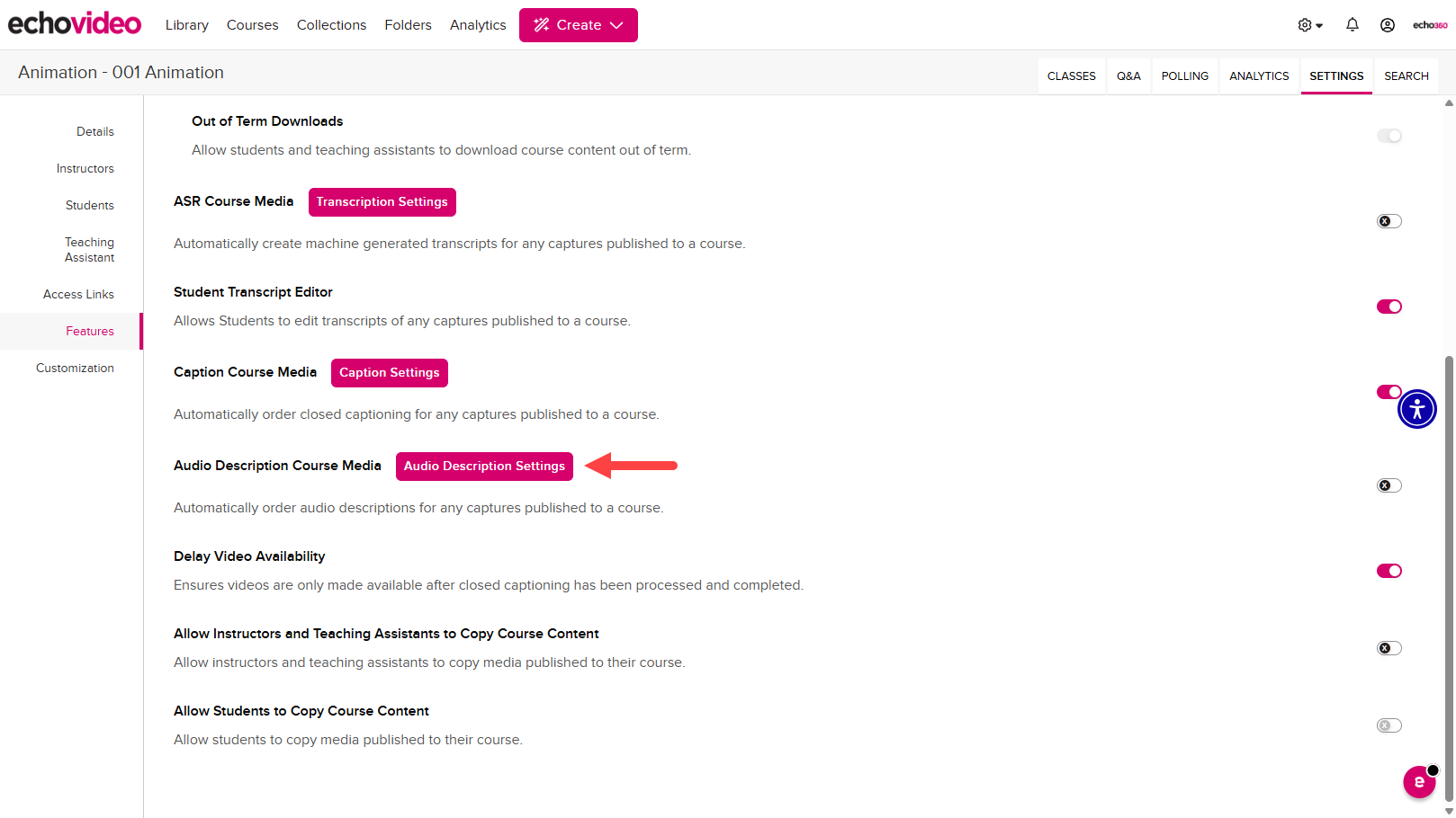 Audio Description Course Media toggle disable by default for Automatically order audio descriptions for any captures published to a course