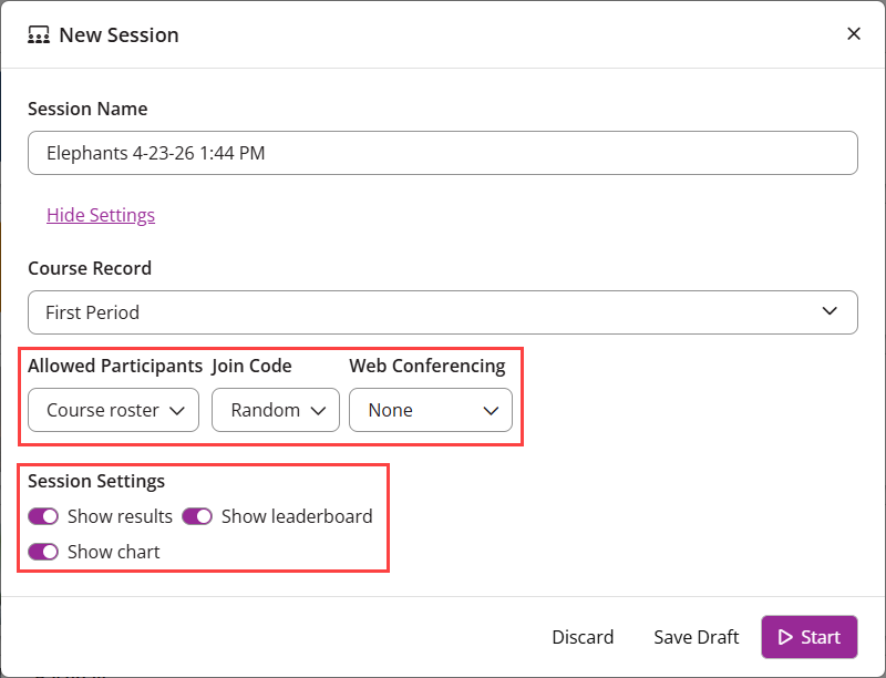 Participation Settings and Session Settings identified as described