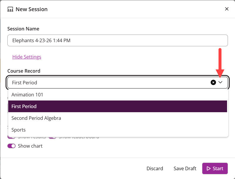 The EchoPoll New Session window with the Course Record dropdown identified and a course highlighted