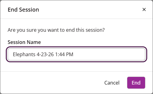 Session name and End button identified as described