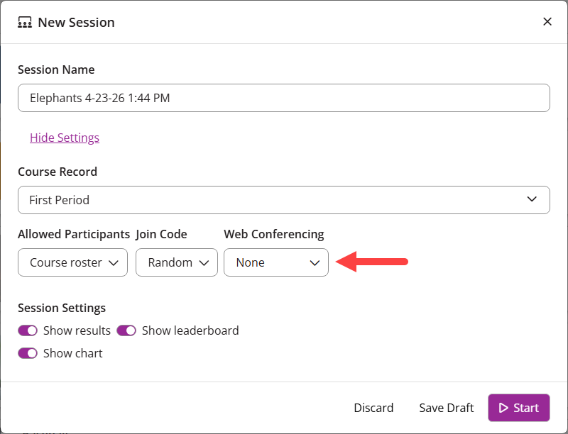Session settings with Web Conferencing dropdown identified as described