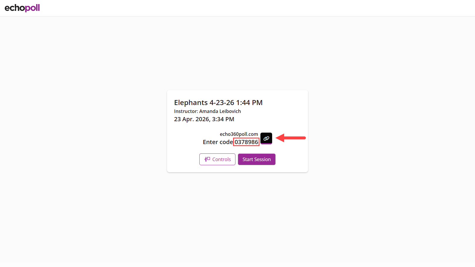 Session information screen with Join Code and Join Link identified as described