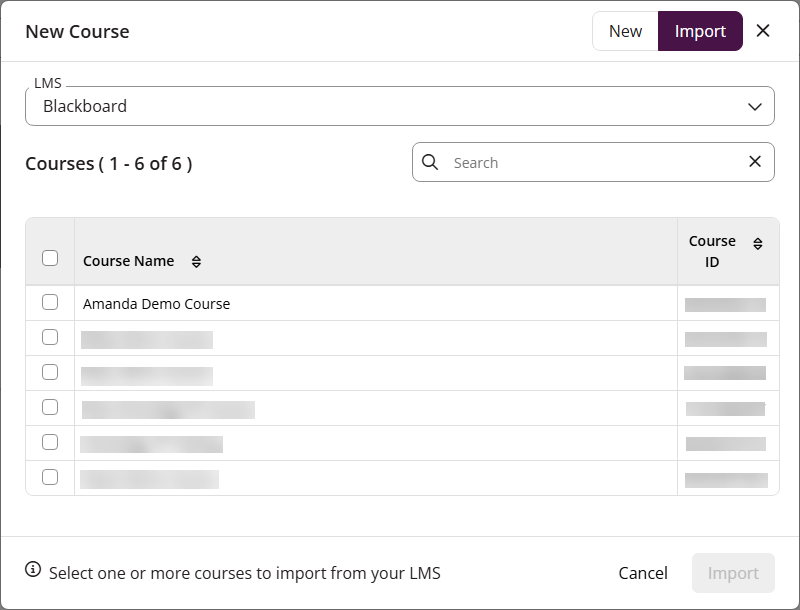 EchoPoll new course modal with the Import option highlighted showing a list of courses from the LMS / VLE.
