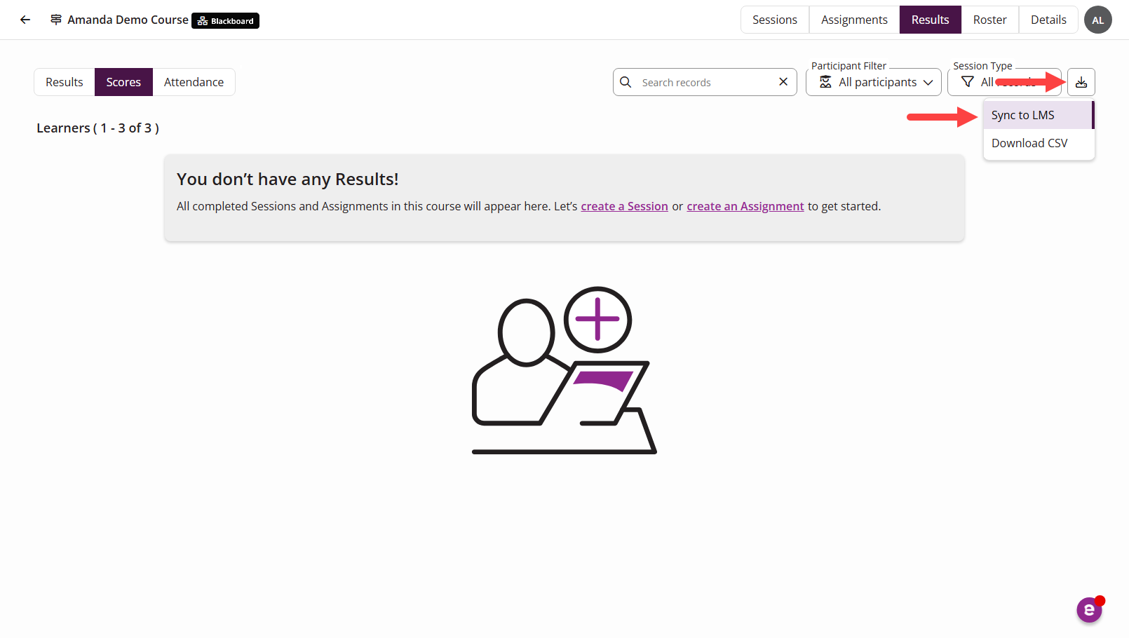 Results tab of synced course showing navigation to the Scores tab, Export, Sync to LMS, as described