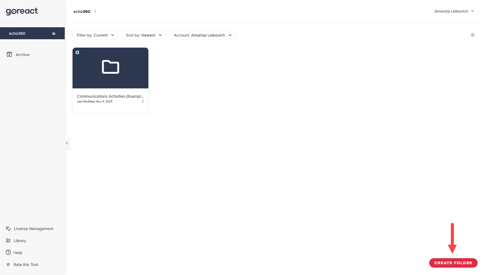 GoReact dashboard with Create Folder button identified as described