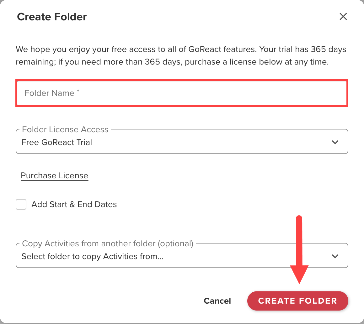 Create Folder modal with Folder Name box and Create Folder button identified as described