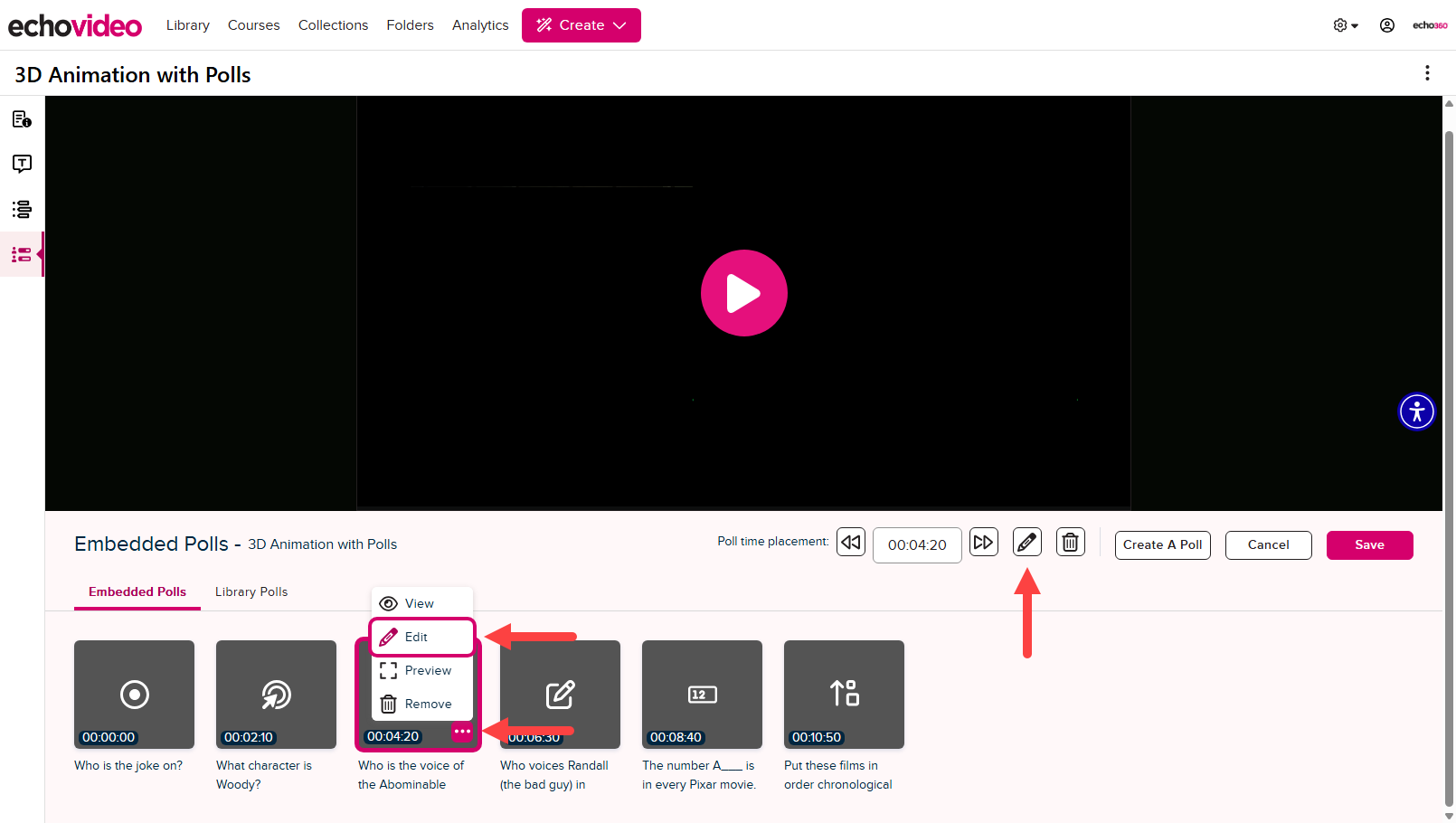 interactive media editor with poll selected and menu button option shown with selections for steps as described