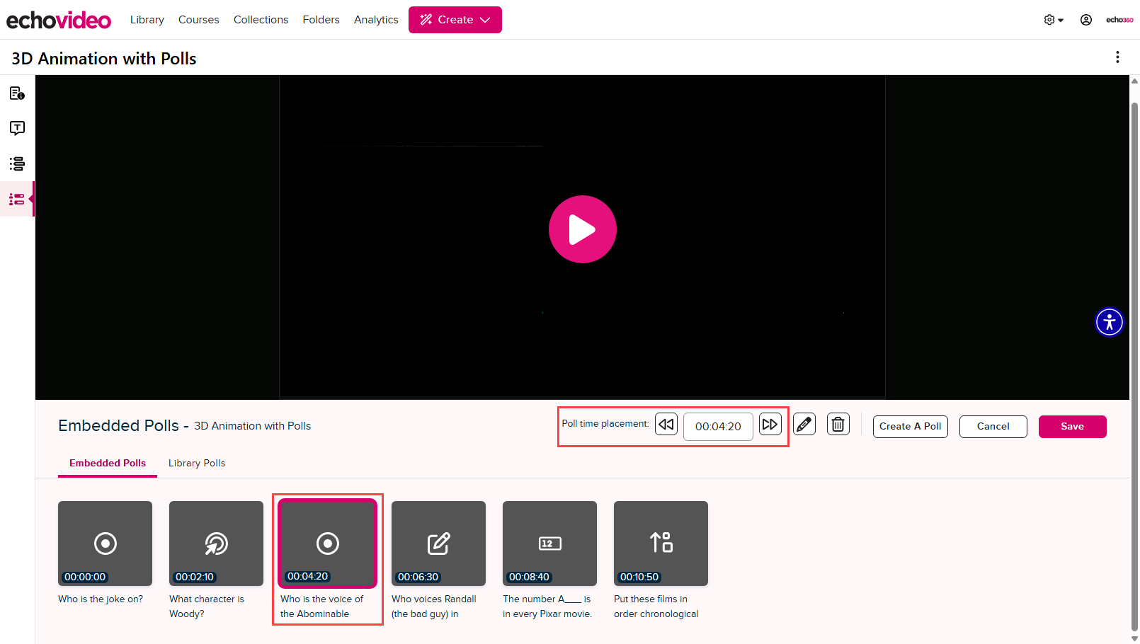 interactive media editor with poll selected and timestamp editing options identified for steps as described