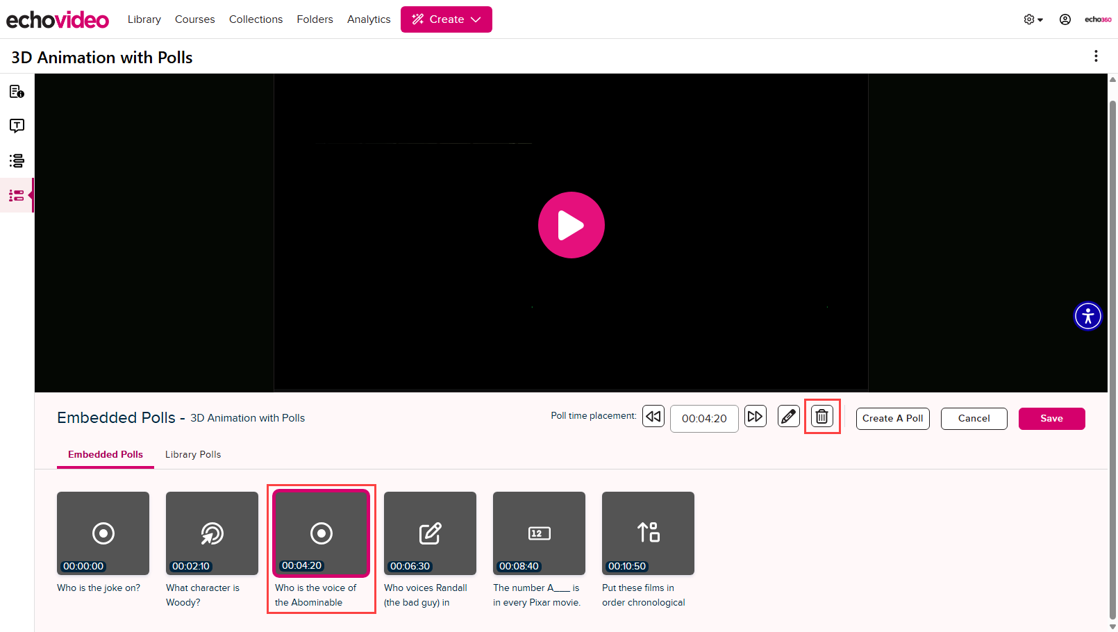 interactive media editor with a poll selected and the delete icon identified for steps as described