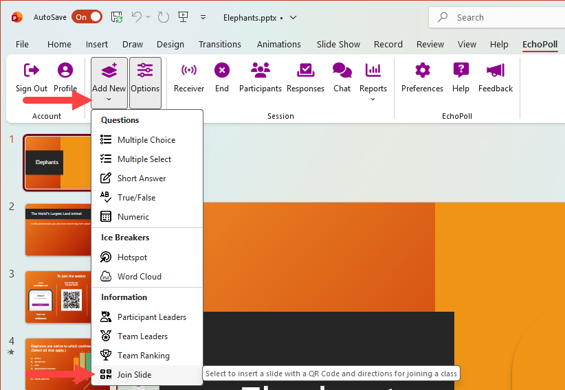 The EchoPoll Companion App PowerPoint Ribbon with Add New selected and Join Slide highlighted
