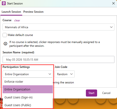 Participation Settings dropdown showing all available options
