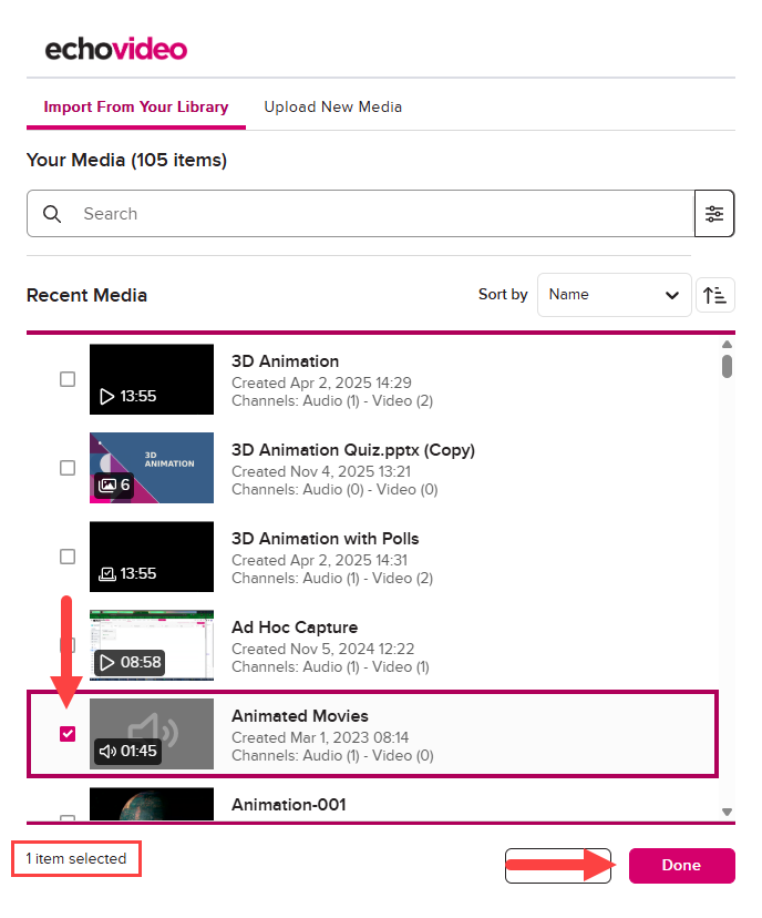 Media selection list with one item selected and Done button active and identified