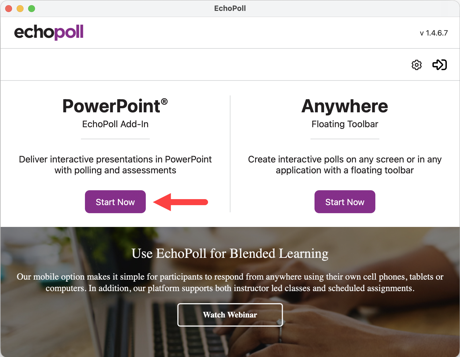 The EchoPoll Companion App showing Start Now options for PowerPoint and Anywhere Polling