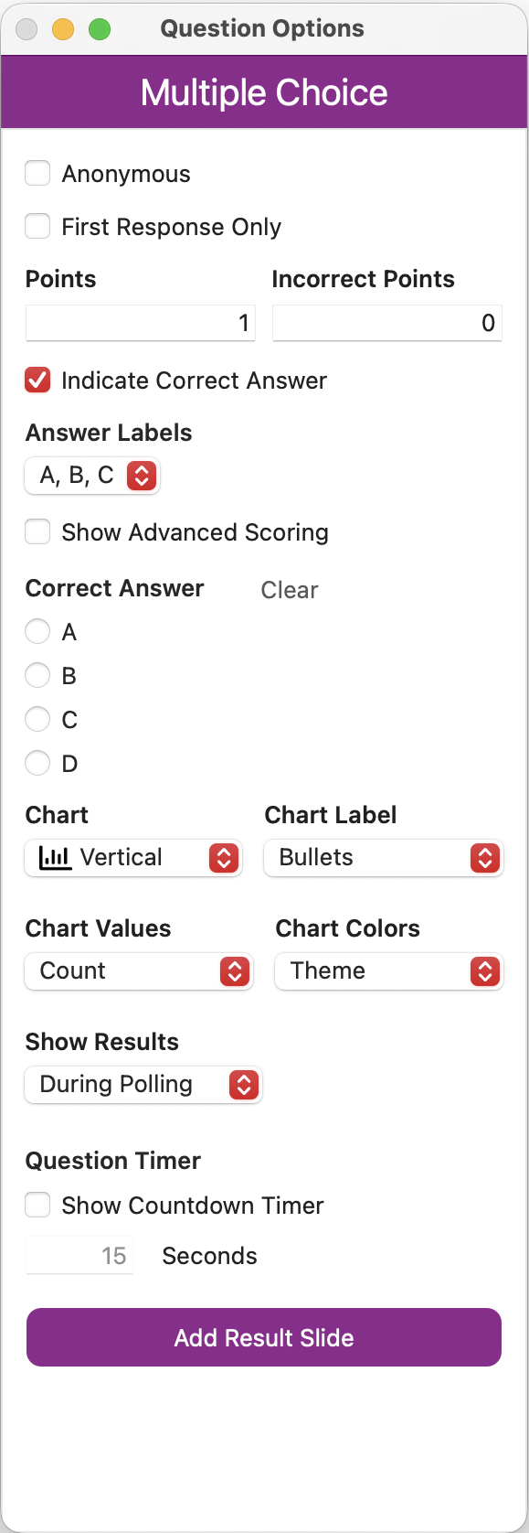 The EchoPoll Companion App Question Options pane showing Multiple Choice question options
