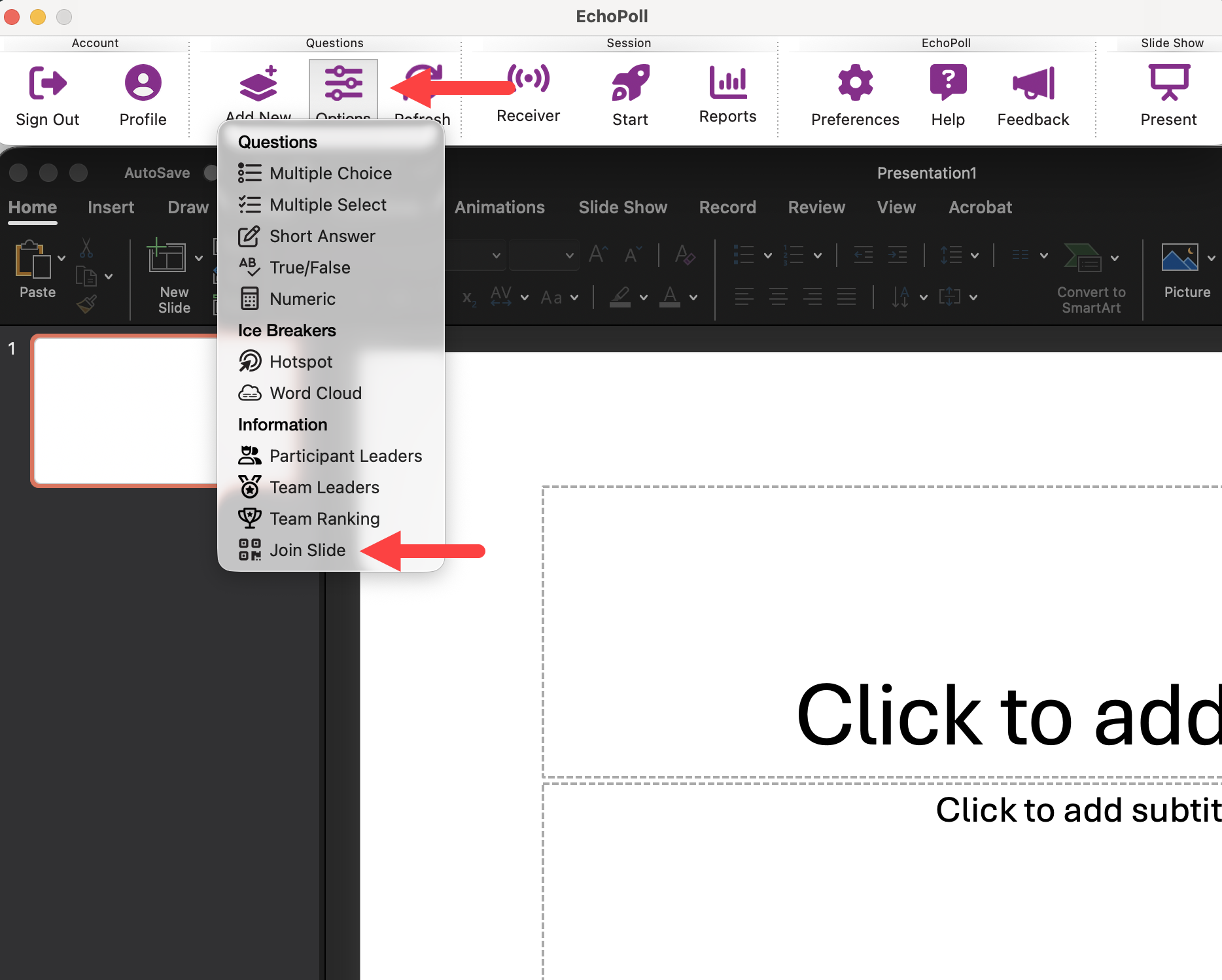 The EchoPoll Companion App PowerPoint Ribbon with Add New selected and Join Slide highlighted