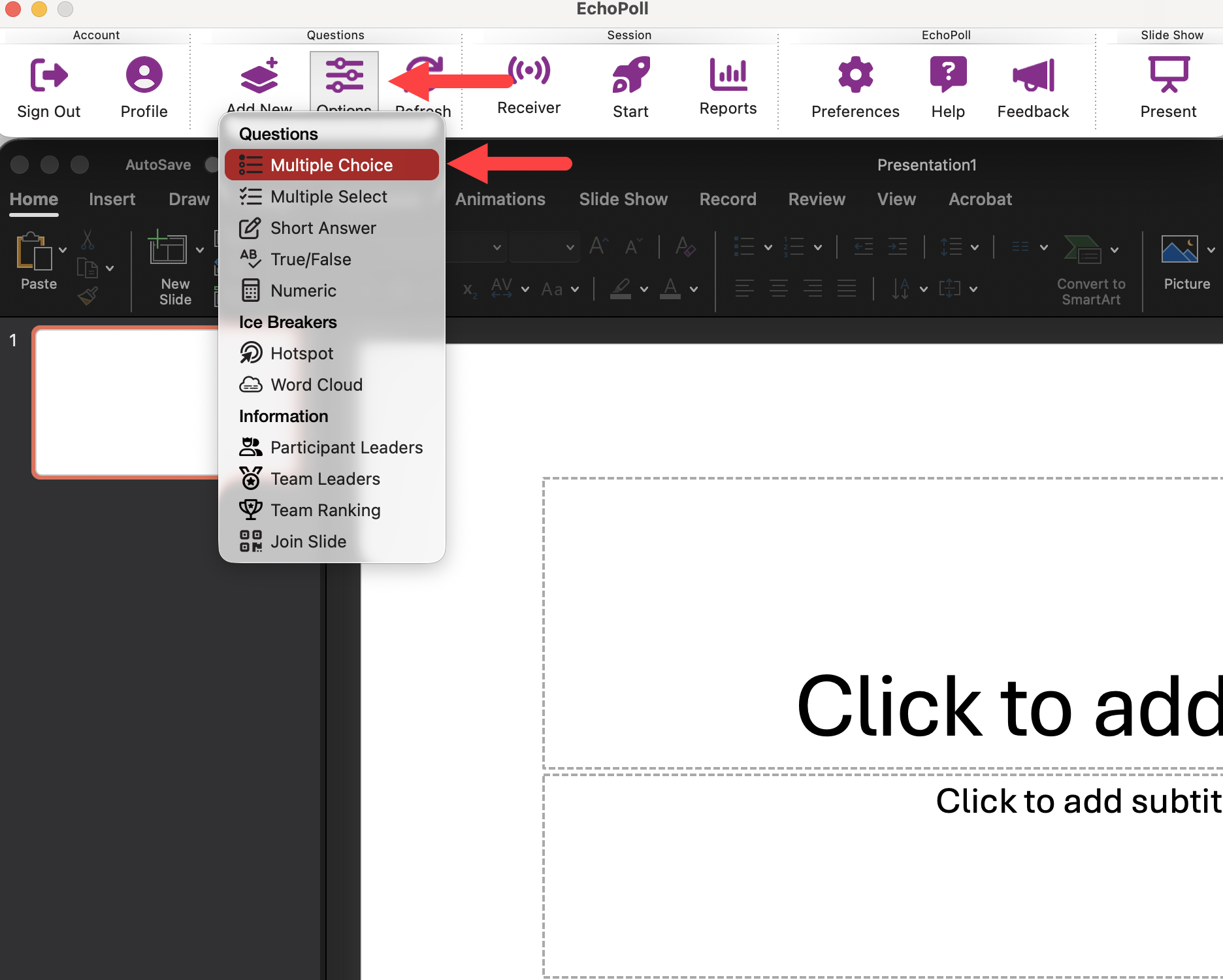 The EchoPoll Companion App PowerPoint Ribbon with Add New selected and Multiple Choice highlighted