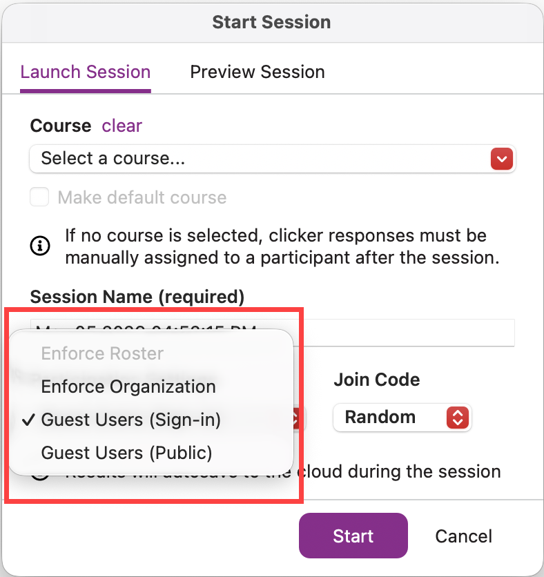 The EchoPoll Companion App Start Class Participant Settings drop-down menu