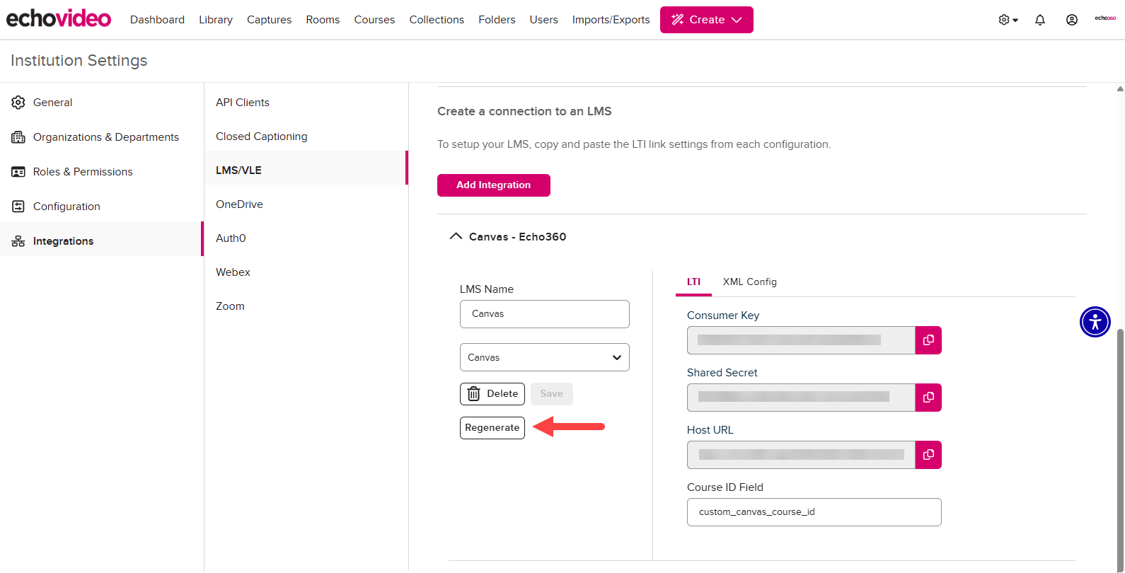 Canvas LTI 1.1 configuration with Regenerate button identified as described