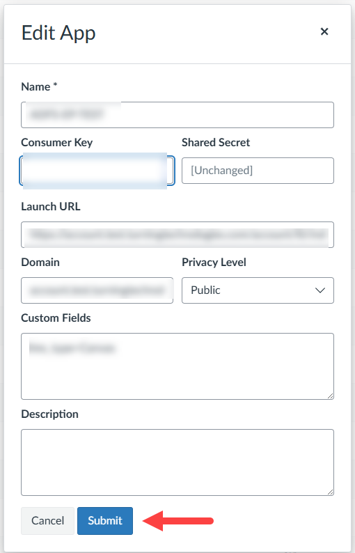 Canvas LTI 1.1 Edit App EchoVideo configuration with Submit button identified as described