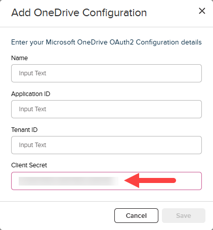 OneDrive configuration block in EchoVideo with secret value pasted in as described