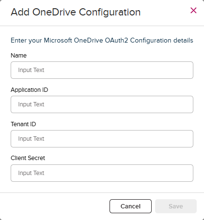 OneDrive configuration modal in EchoVideo with fields to hold values from Microsoft Azure as described