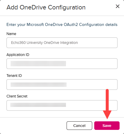 OneDrive Configuration block in EchoVideo with configuration fields completed as described