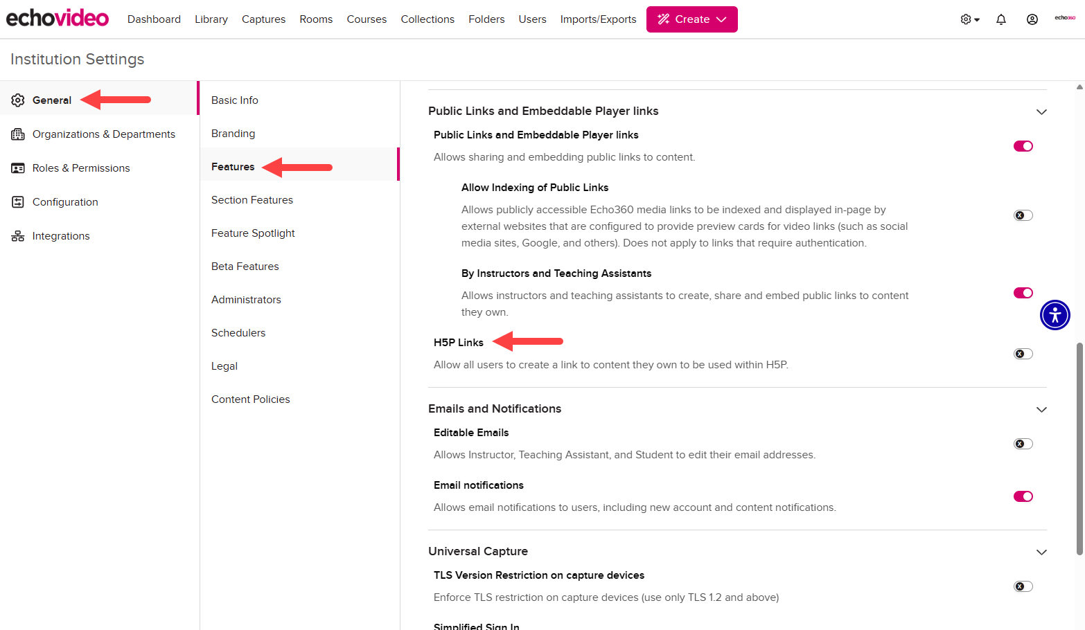 Institution Settings open to General and Features with the H5P toggle identified as described