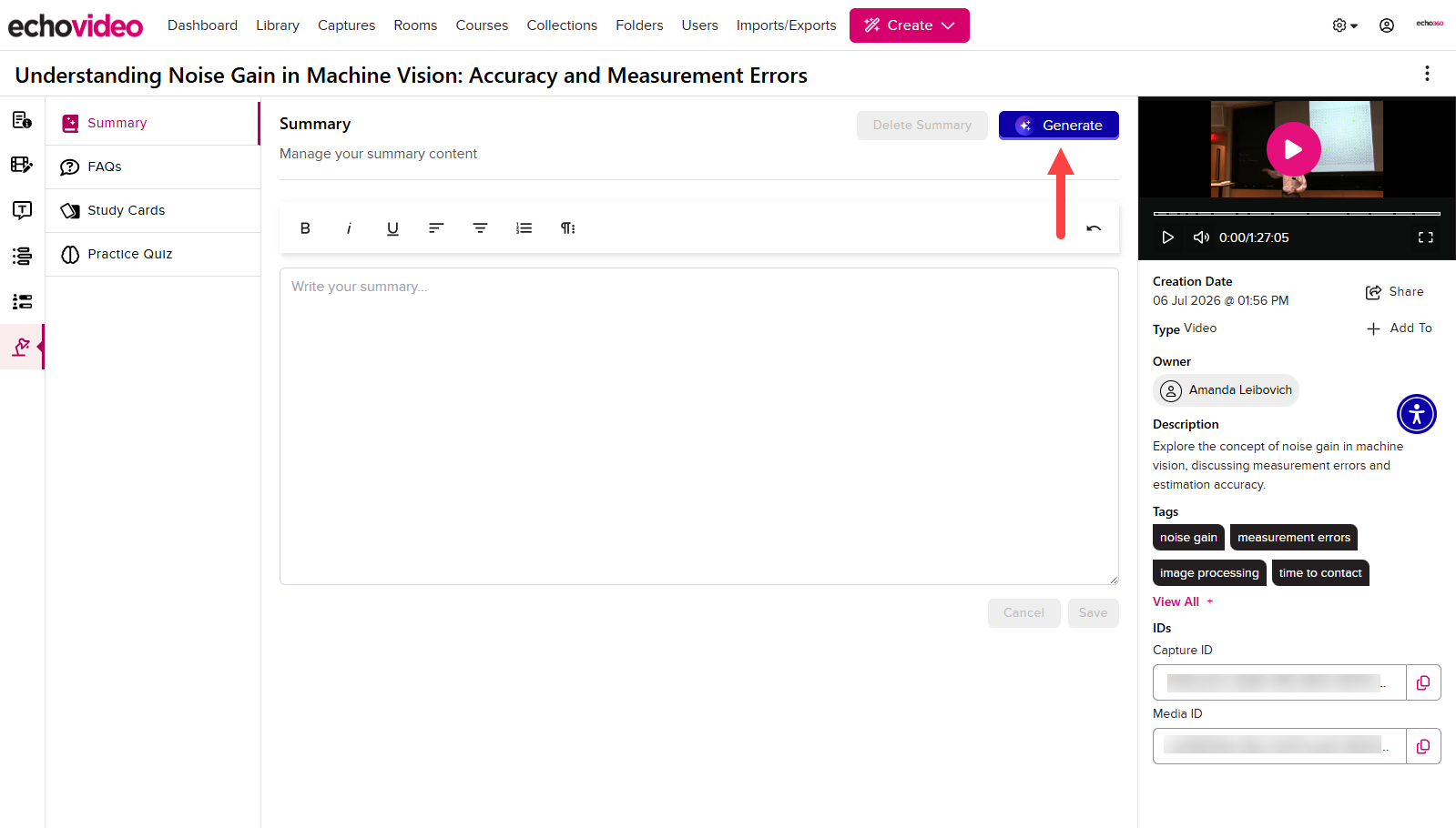 Media Details Page with Study Aids opened to Summary and the Generate button identified as described