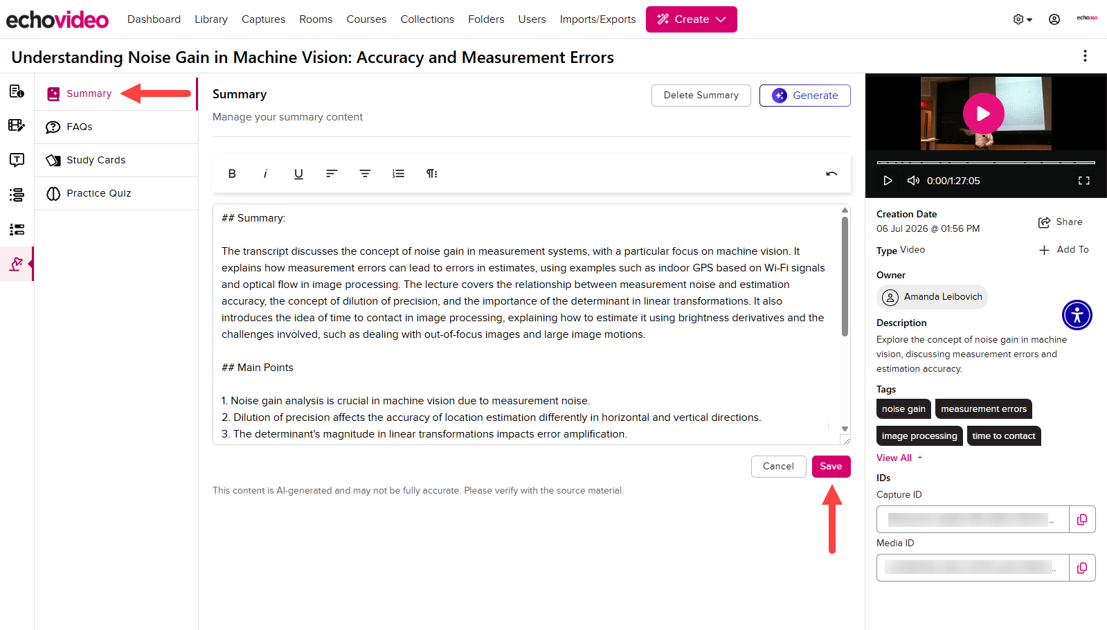 The Summary tab of Study Aids in Media Details and the Save button identified as described