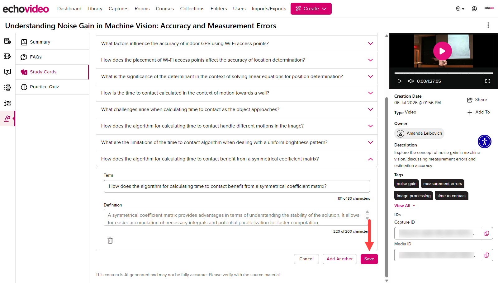The Study Cards tab of Study Aids in Media Details with the Save button identified as described