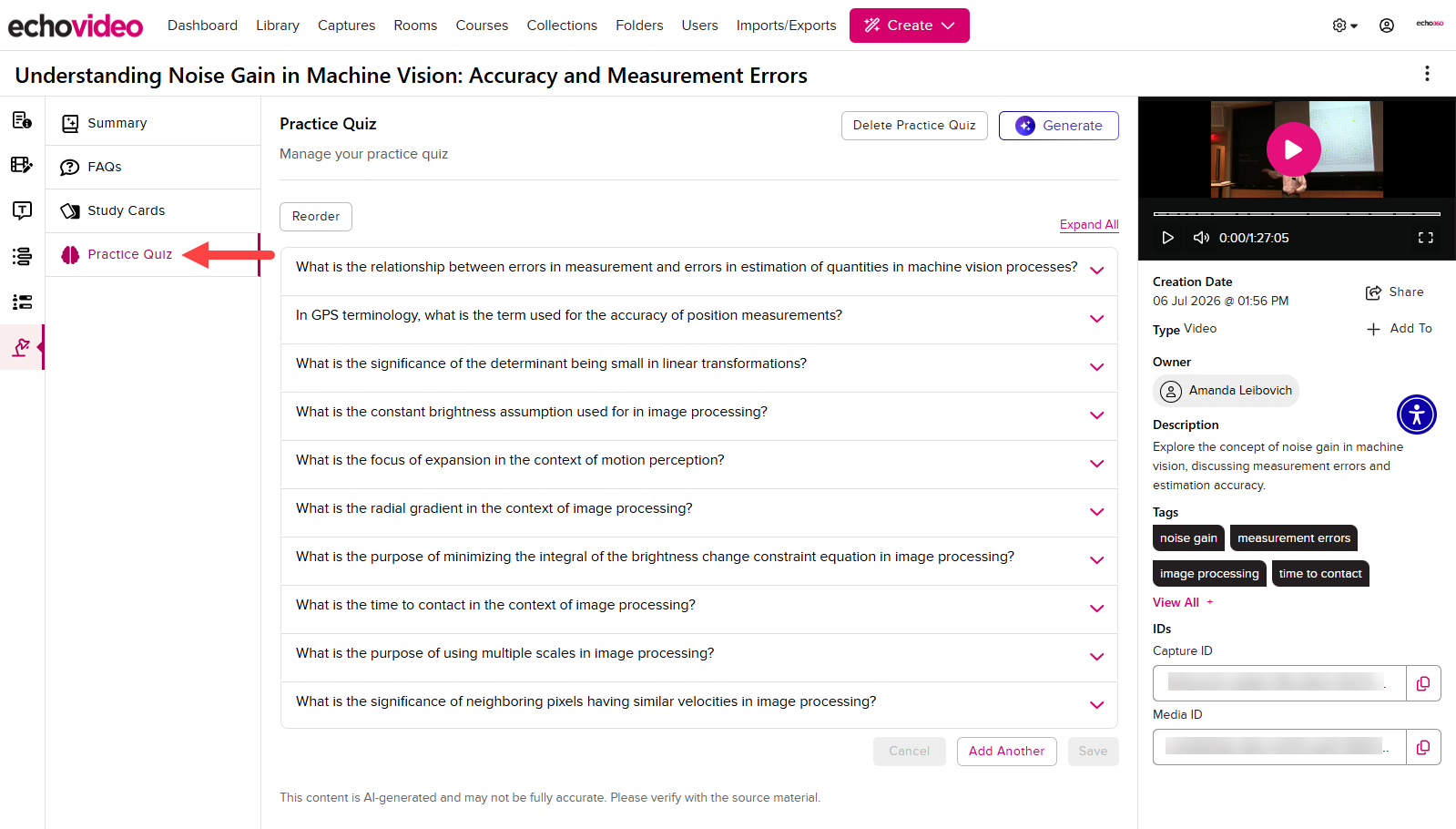 The Practice Quiz tab of Study Aids in Media Details identified as described