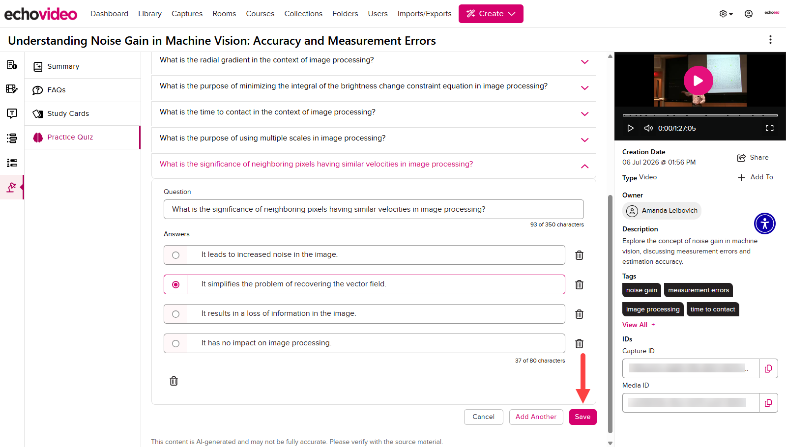 The Practice Quiz tab of Study Aids in Media Details with the Save button identified as described