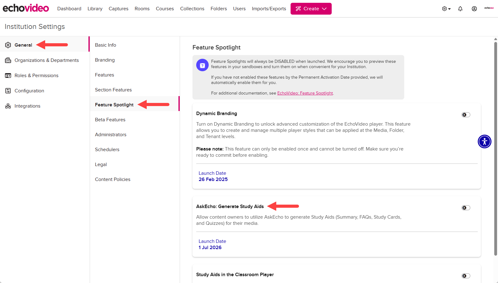 Institutional Settings showing navigation to General, Features Spotlight with AskEcho: Generate Study Aids identified as described 