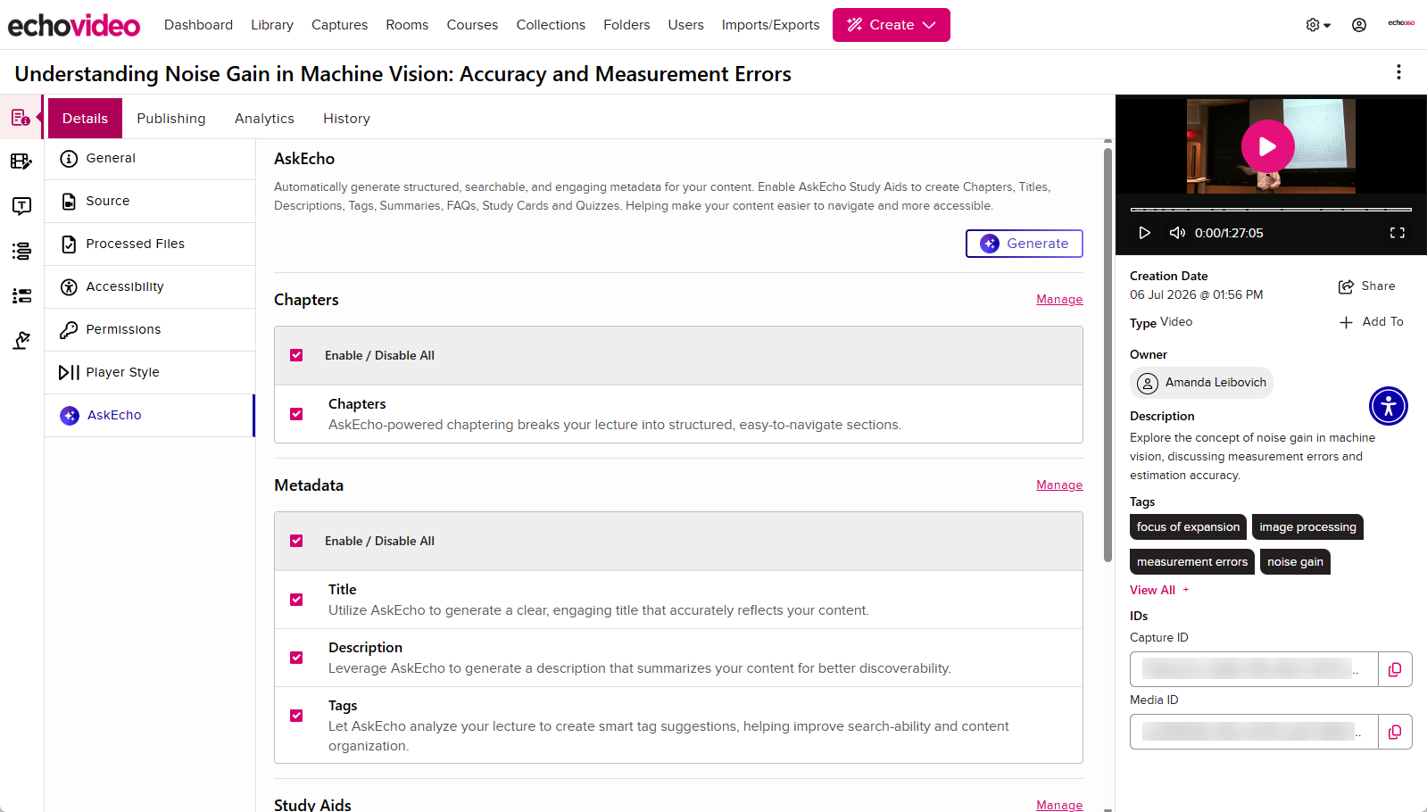 The Media Details Page for a video showing the AskEcho section of the Details tab with all options selected