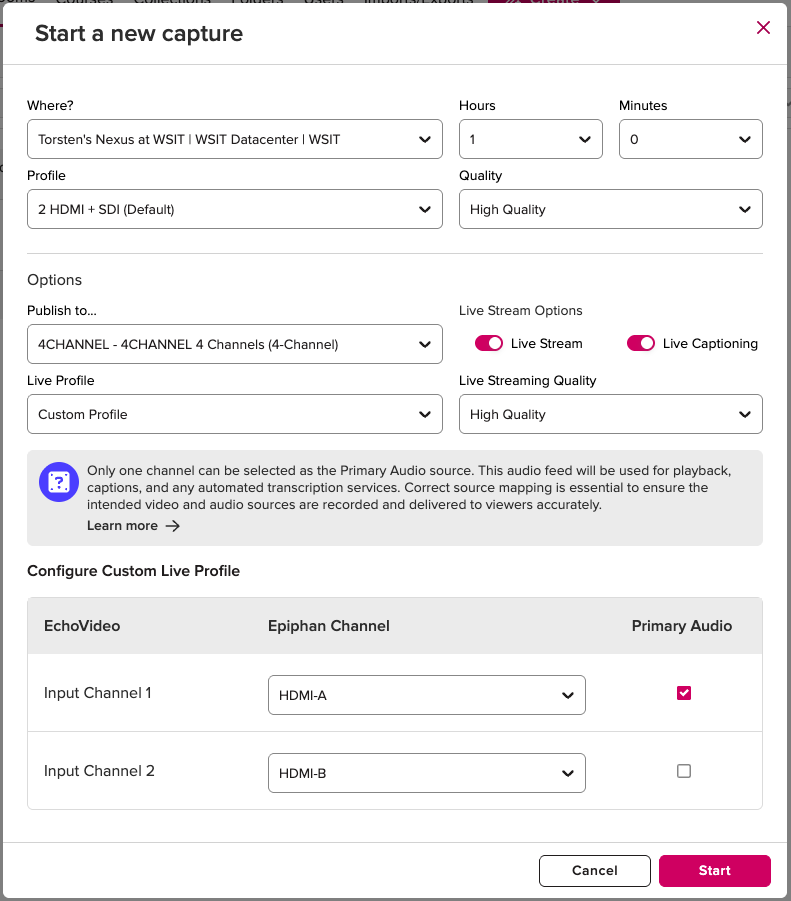 Start a new capture modal separate layout and quality options for live streams and on-demand recordings