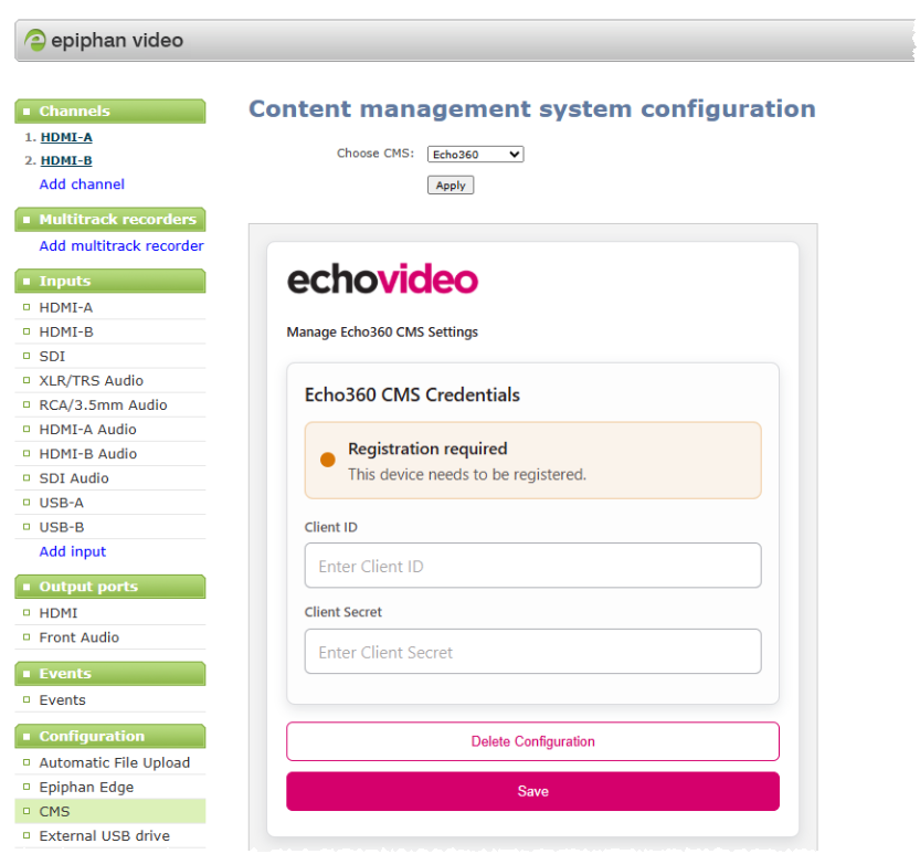 EchoVideo modal on the Epiphan > CMS configuration tab