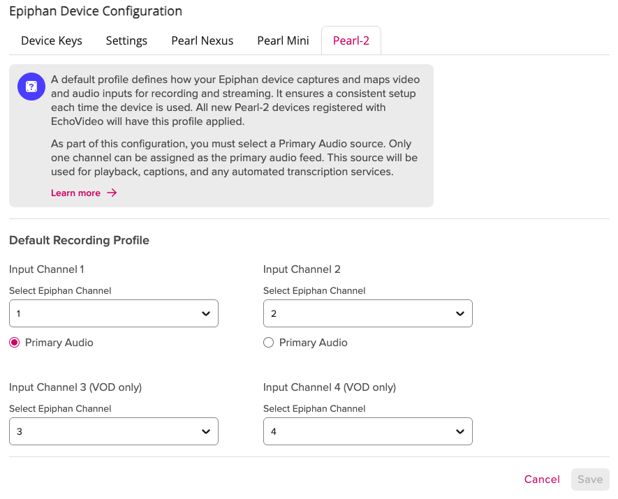 Epiphan Device Configuration - Device Defaults