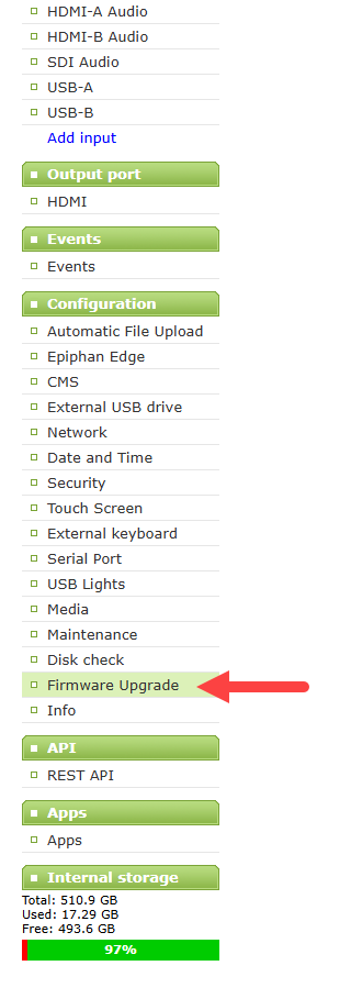 Epiphan Admin panel identifying Firmware Upgrade under the Configuration section.