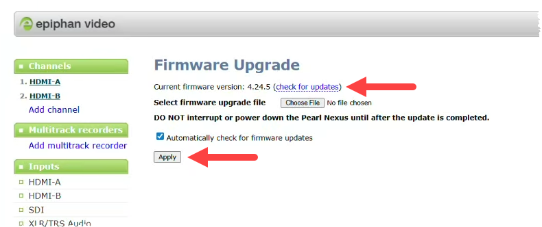 Epiphan Firmware Upgrade screen with check for updates link and Apply button identified as described