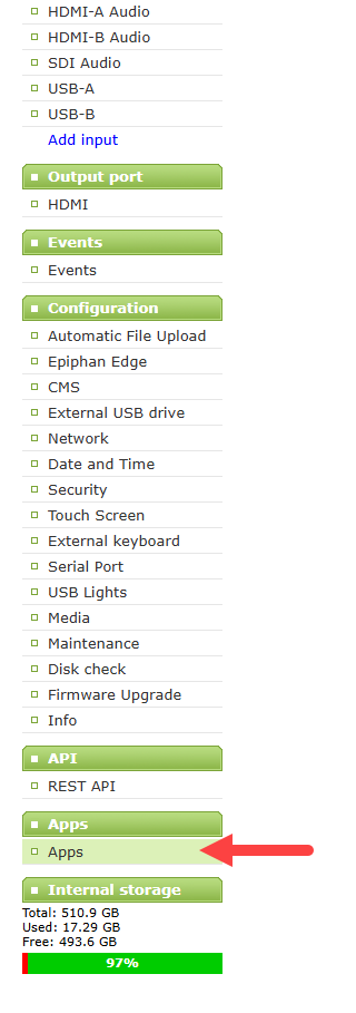 Epiphan Admin panel identifying Apps under the Apps section