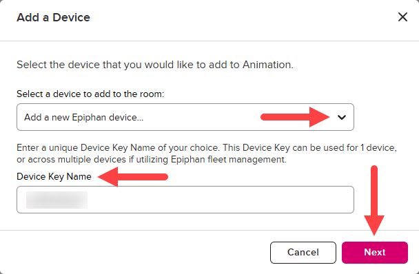 EchoVideo Add a Device modal with Add a new Epiphan device option selected from the dropdown, the Device Key Name populated, and the Next button identified as described