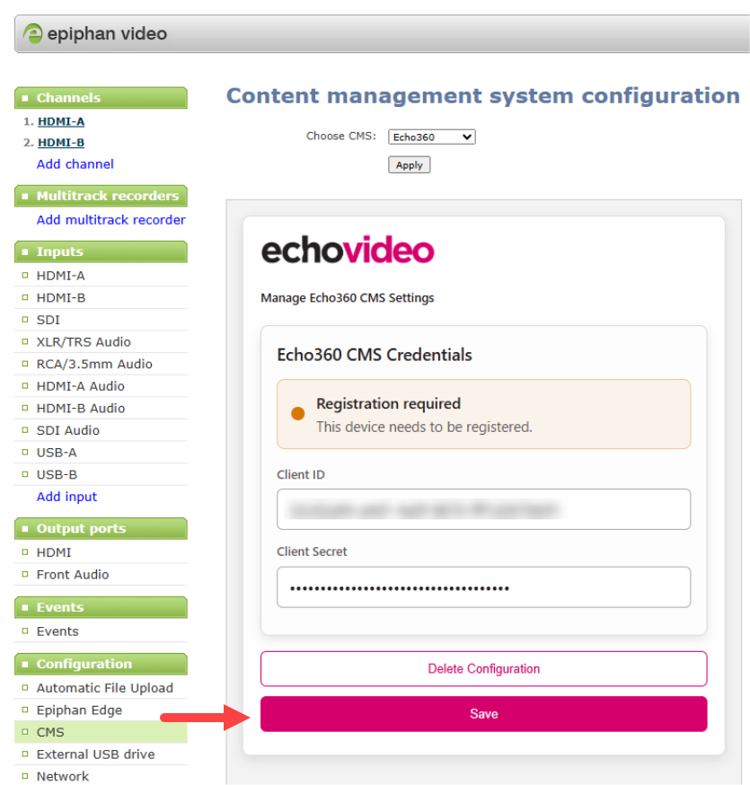 Epiphan Admin panel with Echo360 modal showing the Client ID and Client Secret populated and the Save button identified as described