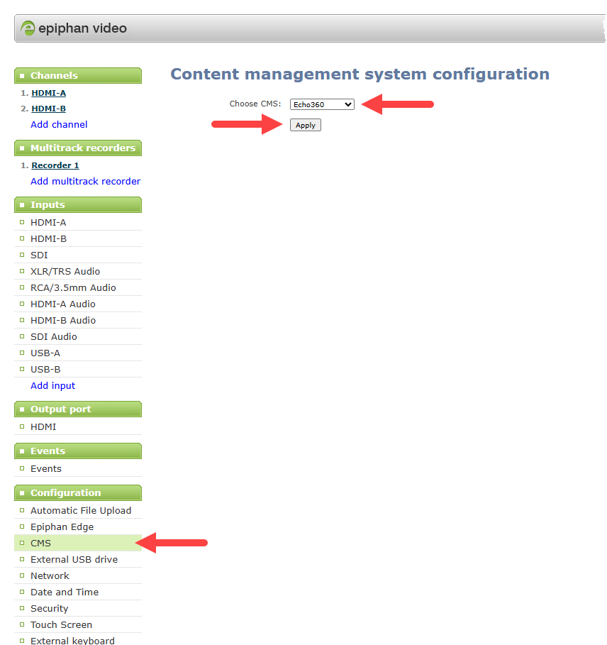Epiphan Admin panel identifying CMS under the Apps section, the Choose CMS dropdown with Echo360 selected, and the Apply button