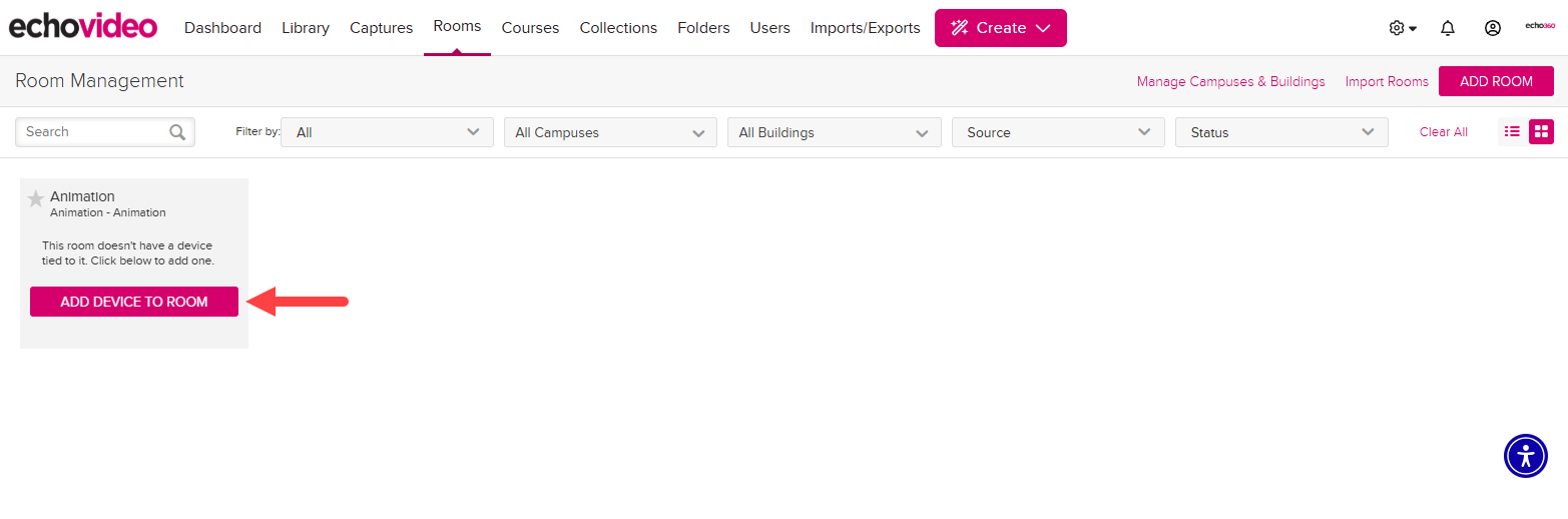 EchoVideo Admin logged in and navigated to the Rooms tab with a room identified