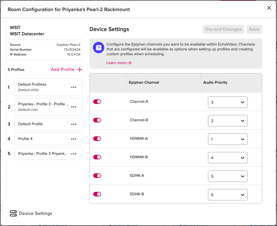 Epiphan Room Device Settings