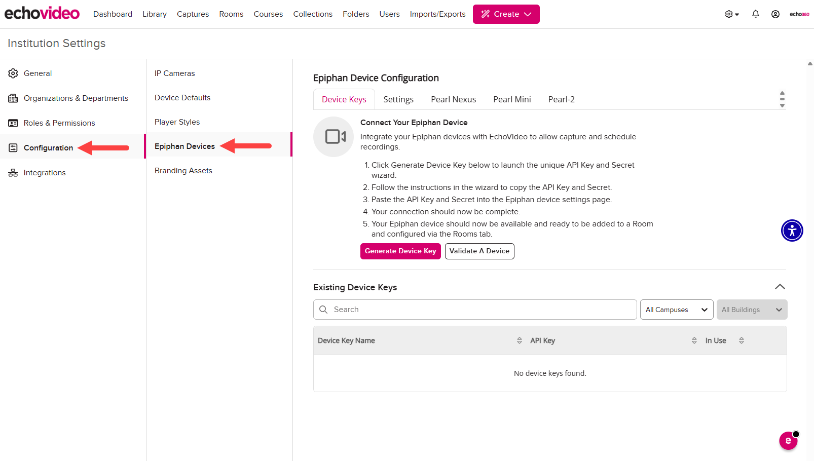 Manage Institution Details with Configuration and Epiphan Devices identified as described