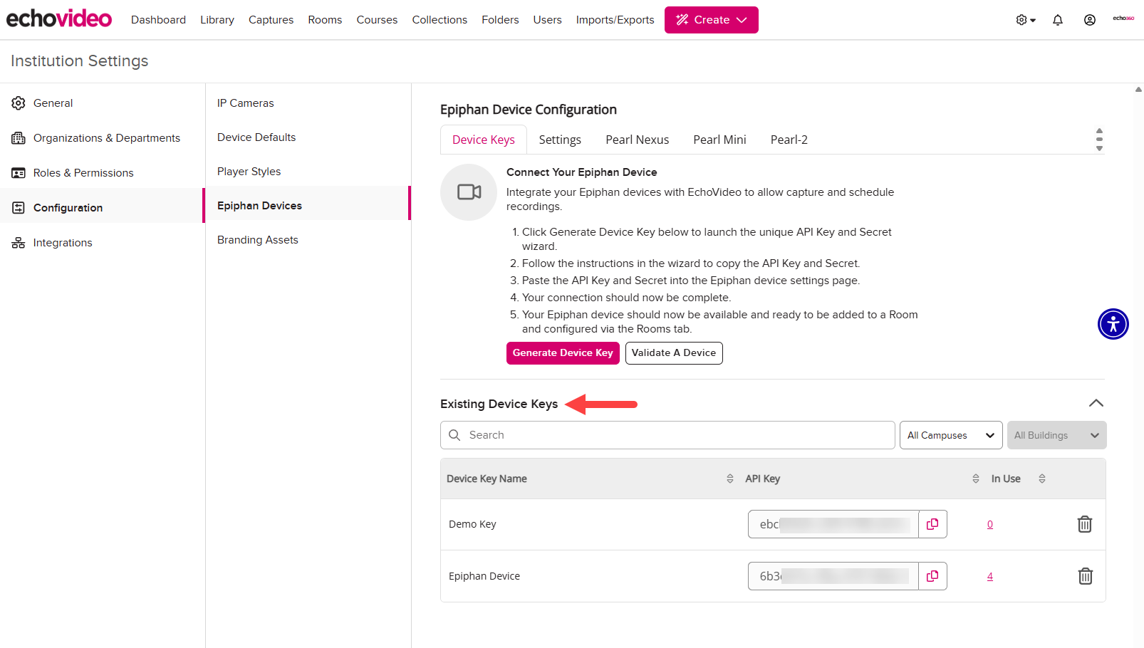 Epiphan Devices with Existing Device Keys options identified as described