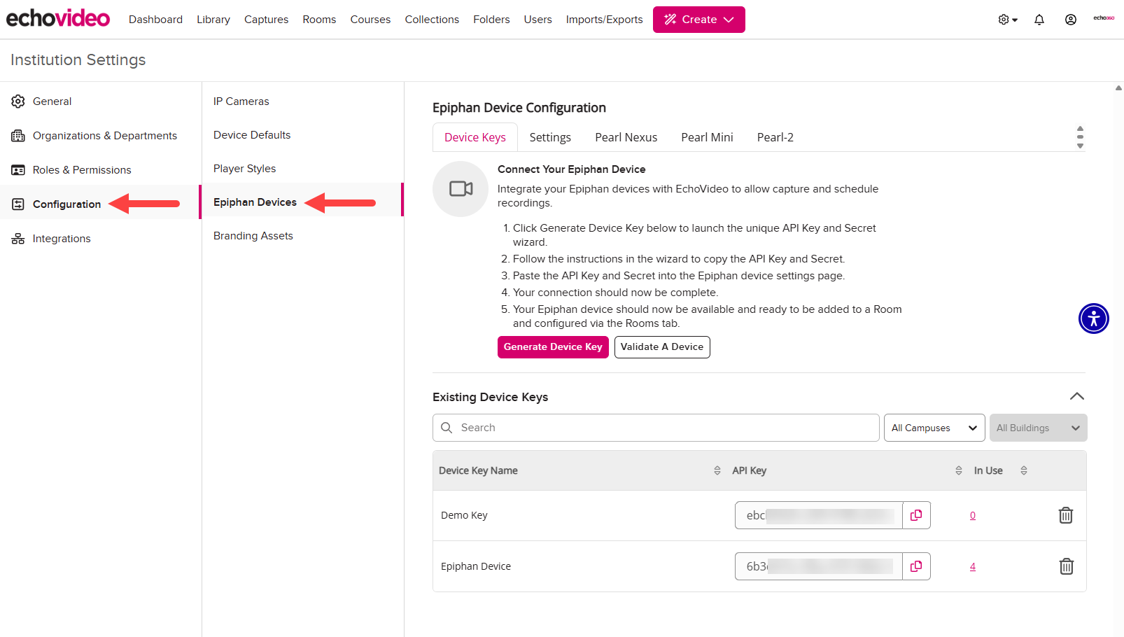 Epiphan Device Configuration showing existing Device Keys as they exist in Settings, Configuration, Epiphan Devices as described