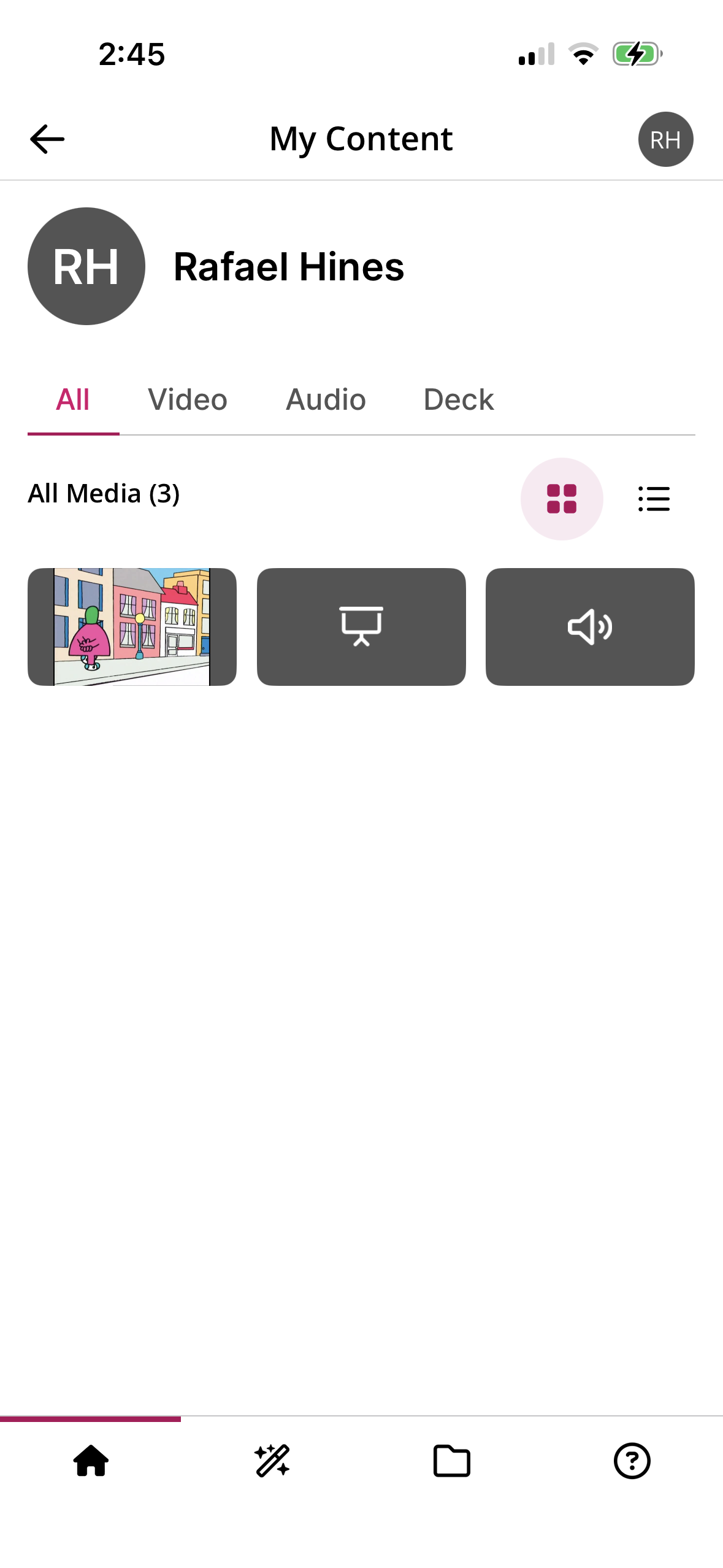 My Content screen showing a video, audio, and deck file that is owned by the user as described